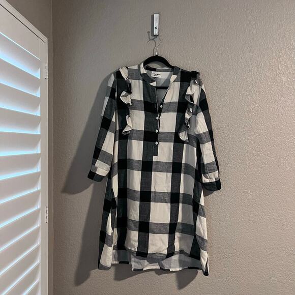 Tribe Alive Freya Ruffled Shirt Dress Medium Lined Check Plaid Black Cream - Picture 2 of 8